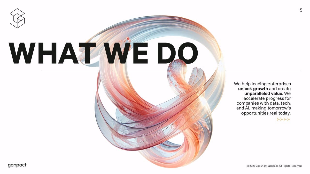 Genpact 'WHAT WE DO' slide with abstract swirls, focusing on unlocking growth and value.