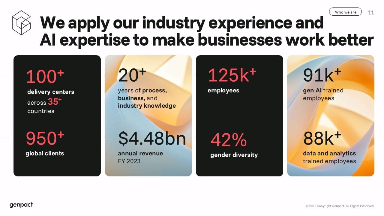 Genpact company profile: key metrics on scale, industry experience, and AI capabilities.