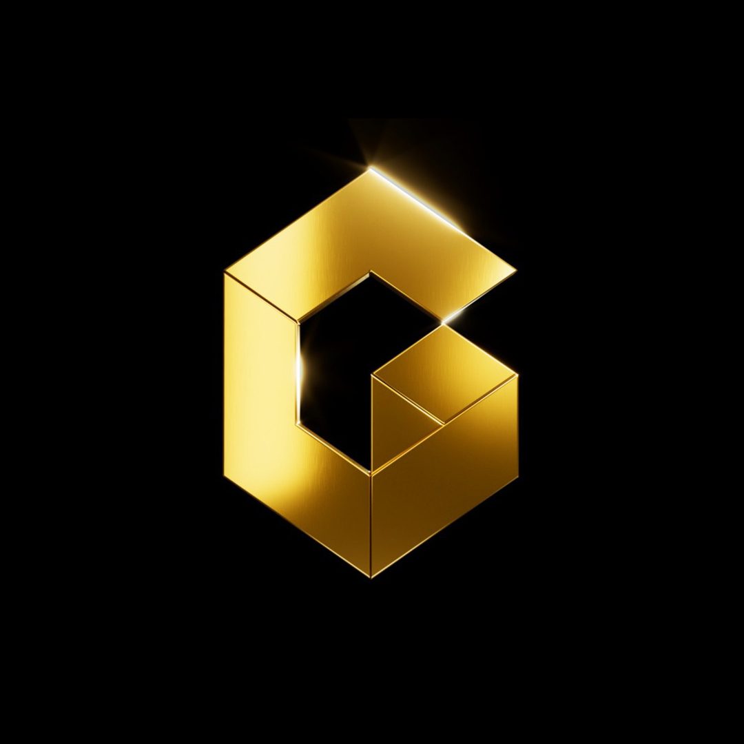 3D golden geometric letter G logo on black background.