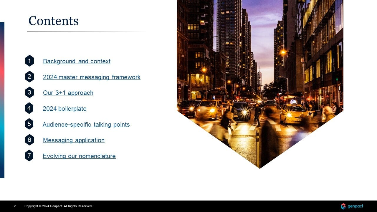 Contents slide with 7 listed topics and a blurred city scene.