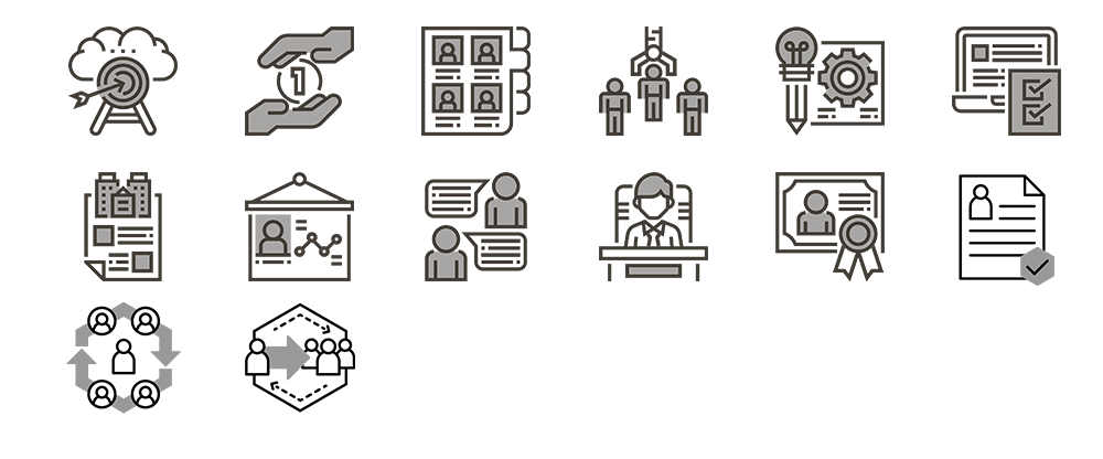 Grid of outline icons: business, HR, goals, processes, communication, and teamwork.