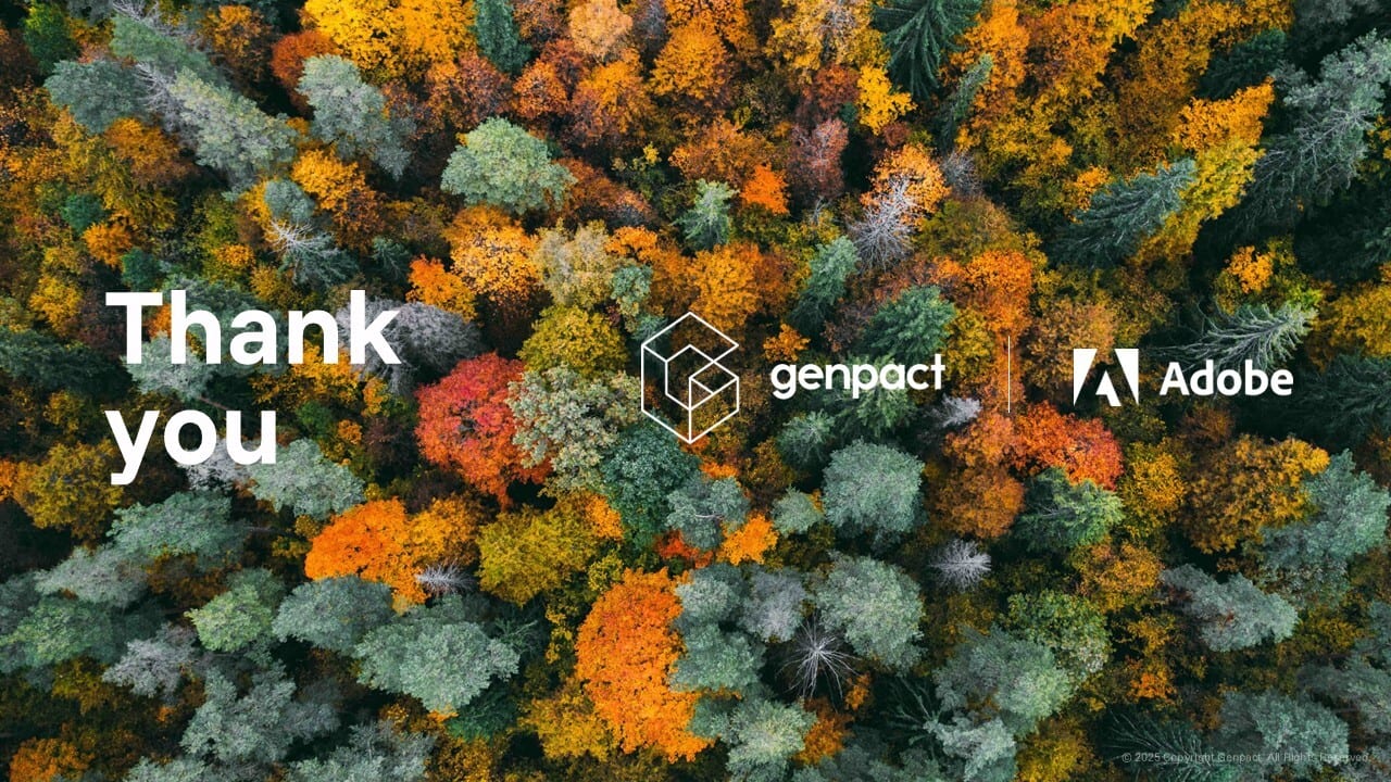 Aerial view of autumn forest with "Thank you" text, Genpact & Adobe logos.