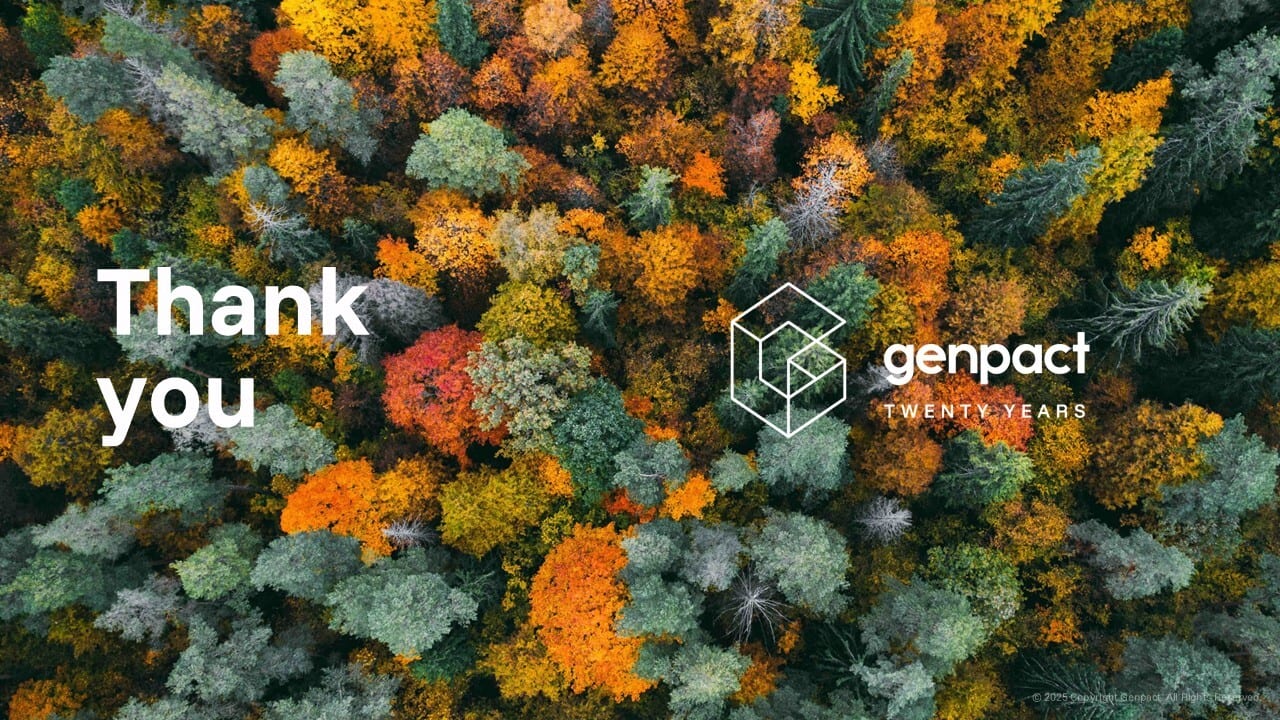 "Thank you" over aerial autumn forest with Genpact logo and "Twenty Years."