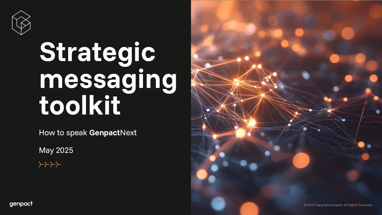 Genpact presentation slide: Strategic messaging toolkit, May 2025, with a network graphic.