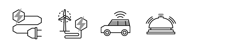 Four line art icons: electric charging, wind power generation, smart car, and service bell.