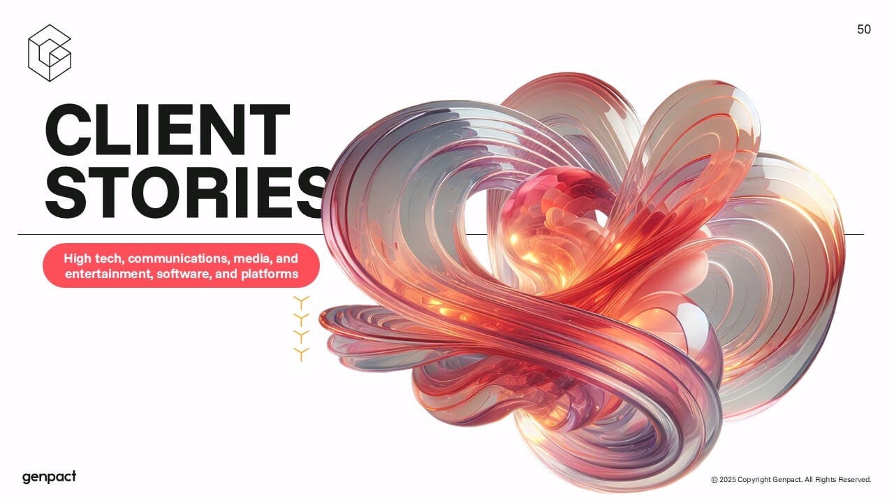 Slide titled "CLIENT STORIES" for high-tech sectors, featuring an abstract glass design.