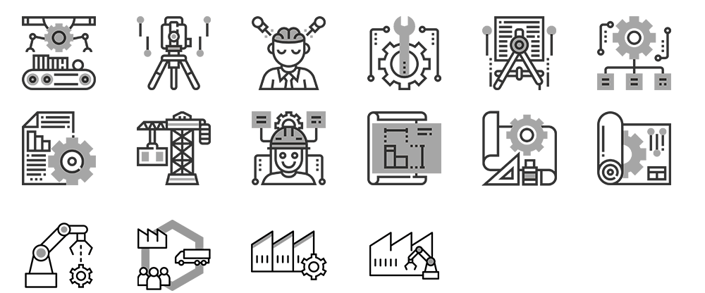 Engineering and industrial process icons.
