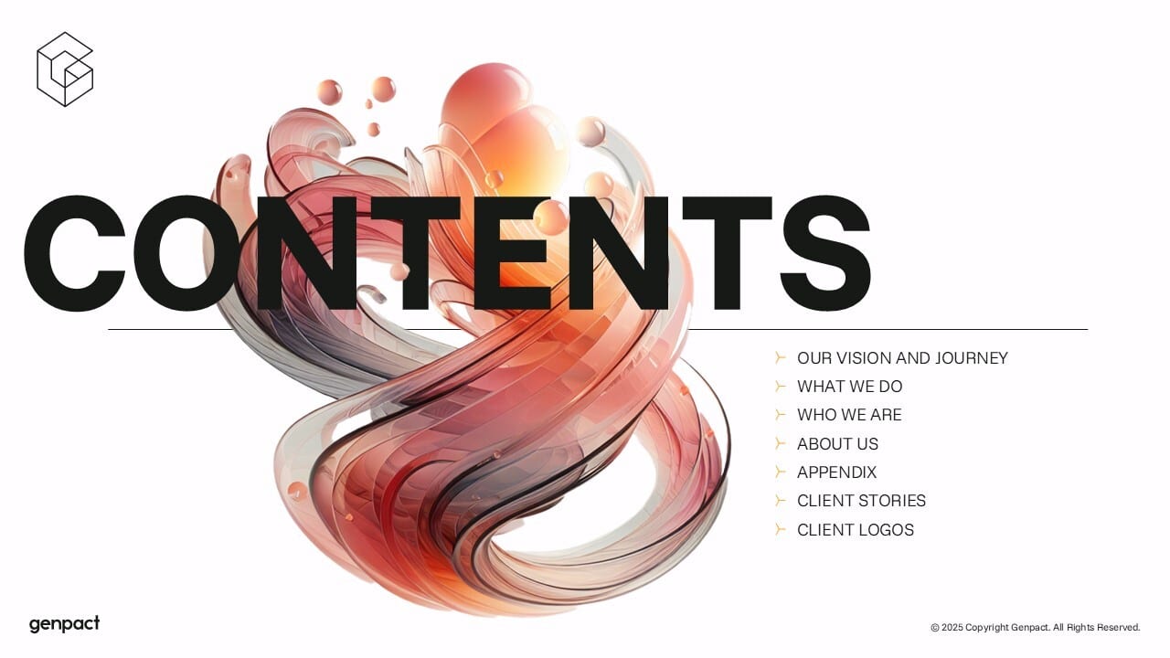 Table of contents for Genpact, featuring abstract art.