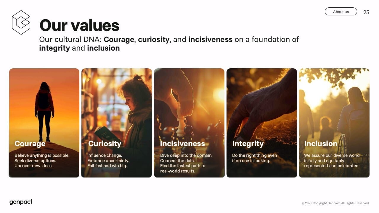 Genpact's "Our values" slide: Courage, Curiosity, Incisiveness, Integrity, Inclusion.