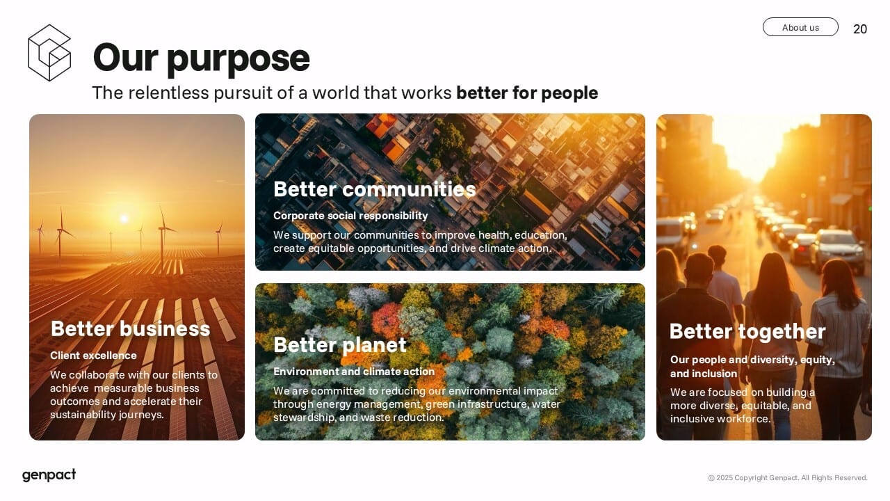 Slide on Genpact's purpose: better business, communities, planet, and people.