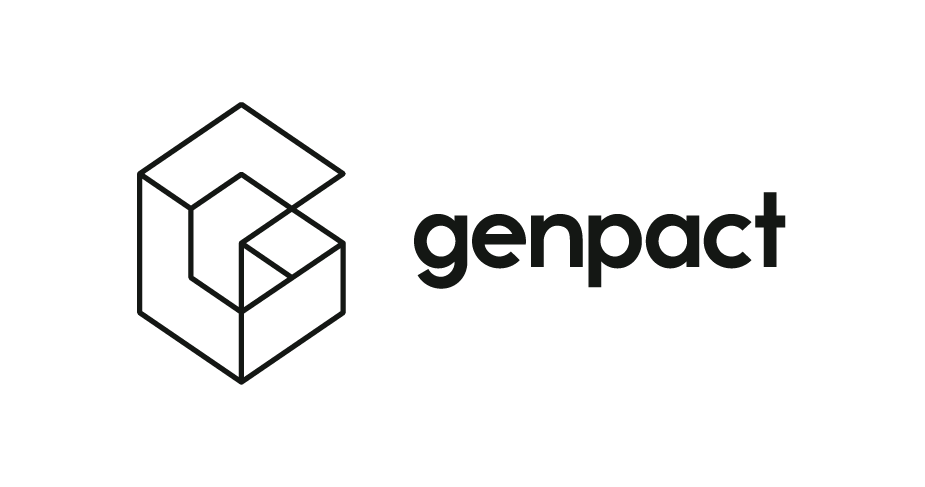 Genpact logo: abstract geometric symbol and 'genpact' text, dark grey on black.