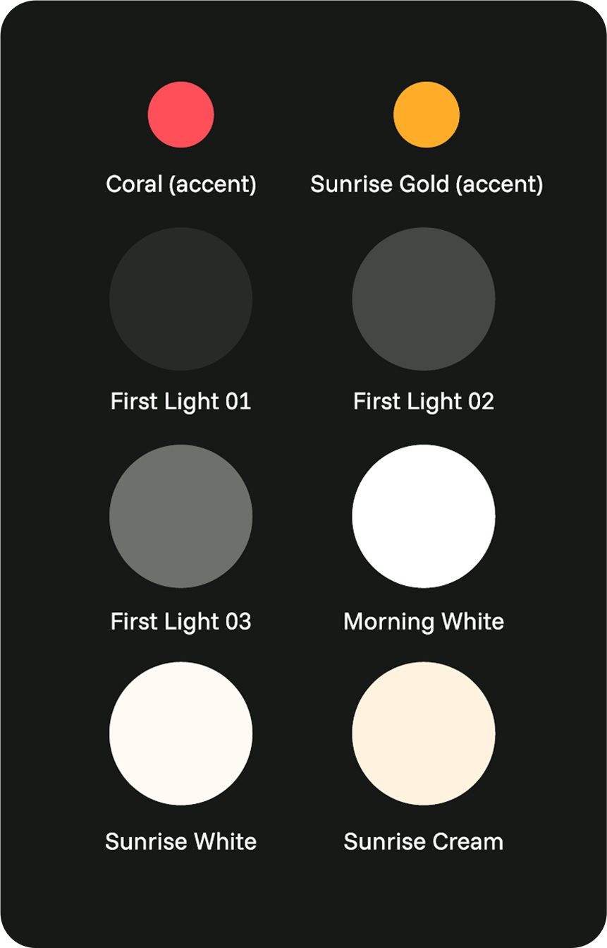 Color palette displaying named accent, gray, white, and cream color swatches.