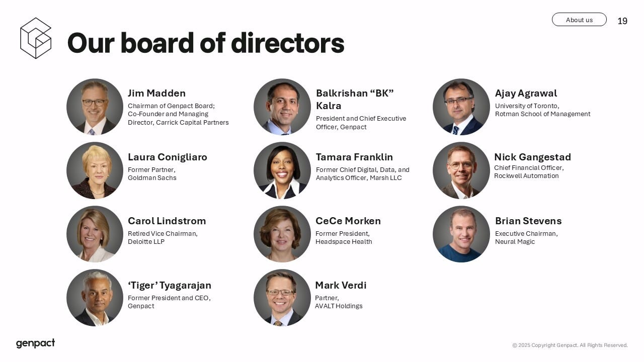 Genpact's board of directors with photos and bios of 11 members.