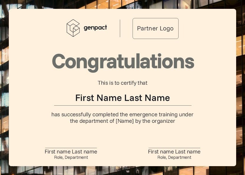 Genpact certificate of completion for "emergence training" with placeholders for name and logos.