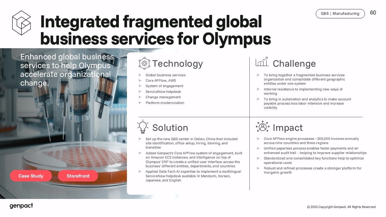 Genpact case study on integrating Olympus' fragmented global business services.