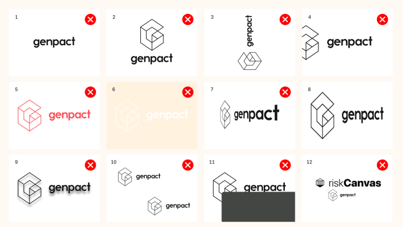 Twelve Genpact logo variations shown; 11 are rejected with red X's, one is approved (No. 8).