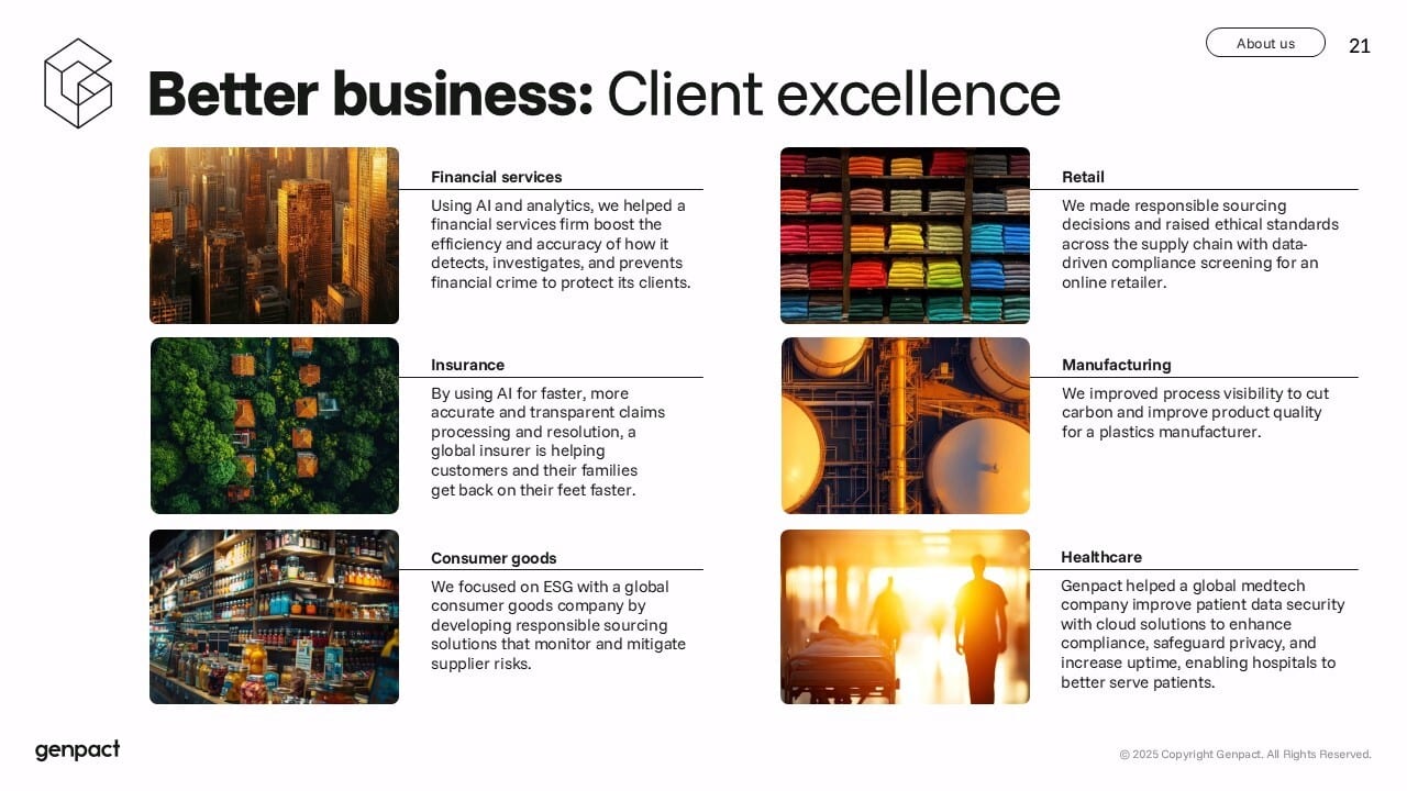 Genpact's client excellence: solutions for financial services, retail, and manufacturing.