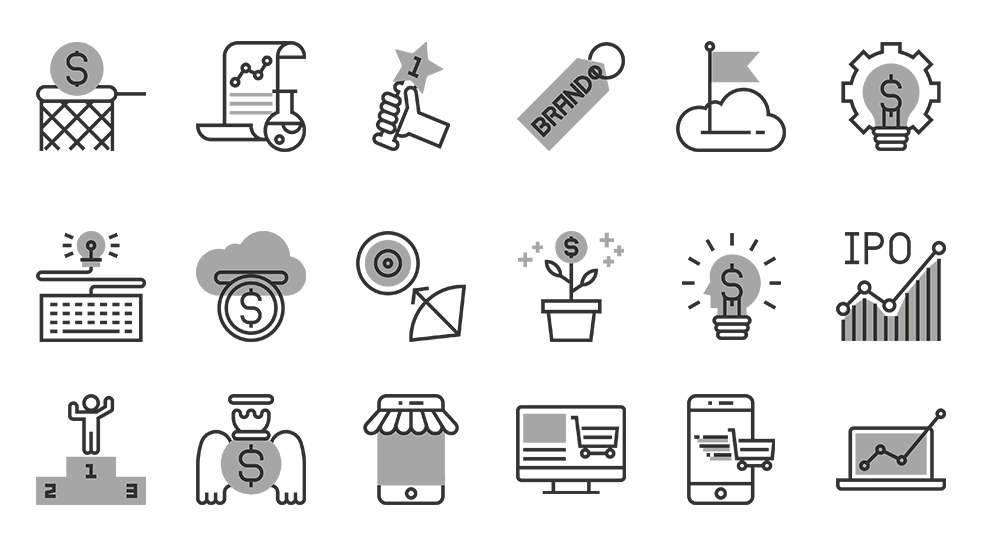 A grid of 15 business and finance icons, including money, growth, ideas, success, and online shopping.