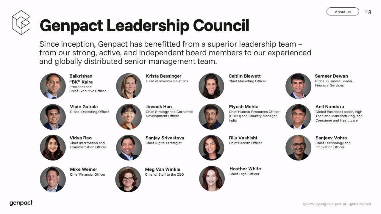 Genpact Leadership Council: 15 executives' headshots, names, and titles.