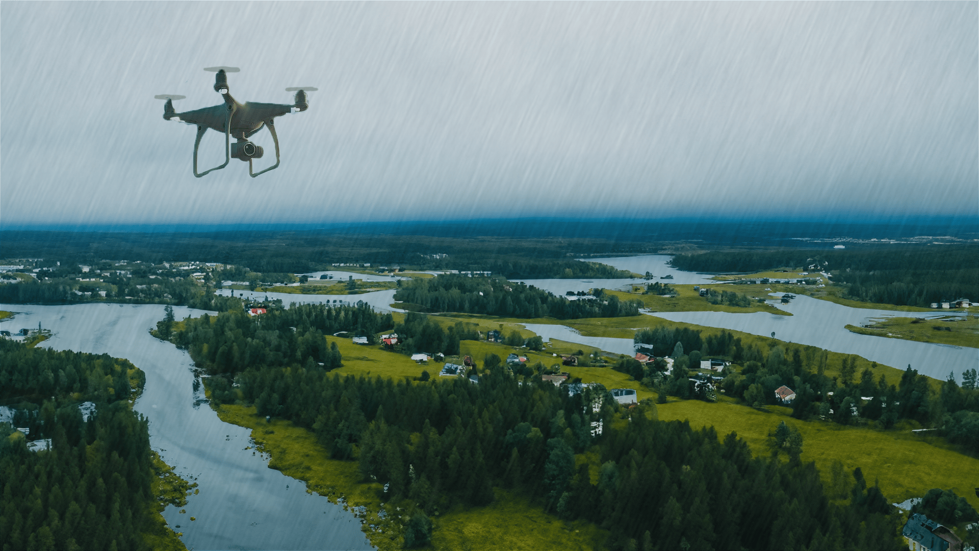 Natural landscape, Helicopter rotor, Water, Sky, Cloud, Lake, Tree, Aircraft, Plant