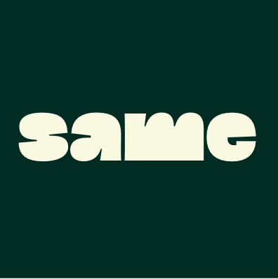 Stylized light yellow "same" text on a dark green background.