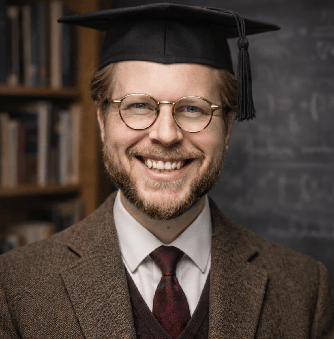 Smiling man in a graduation cap, glasses, and tweed jacket, in an academic setting.