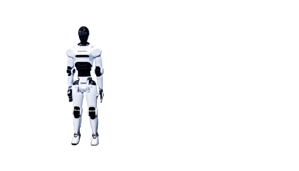 A white humanoid robot with black accents and "NAURA" written on its chest, standing against a white background.