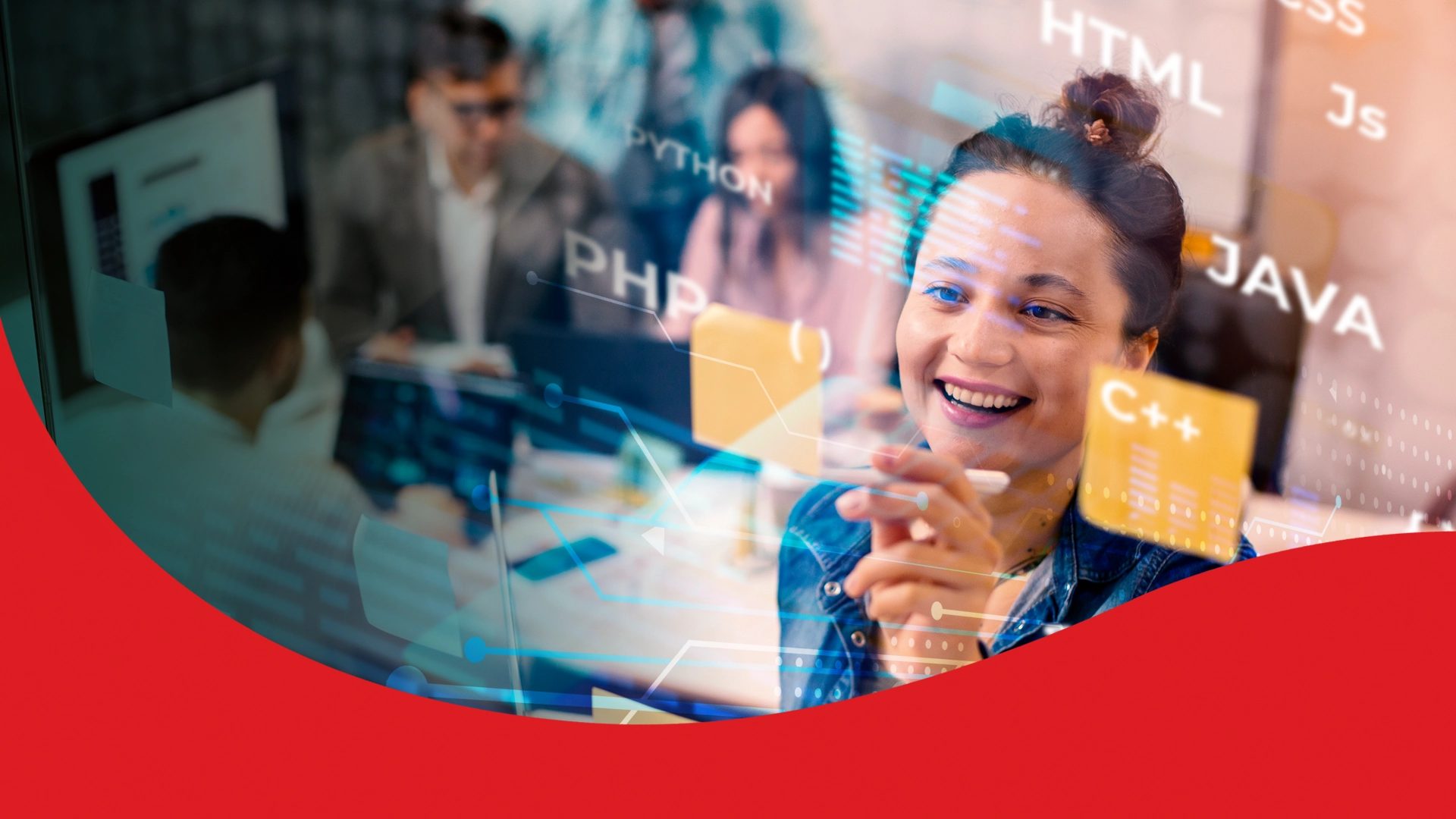 Smiling woman interacts with a transparent screen displaying programming languages like Python, Java, and C++.