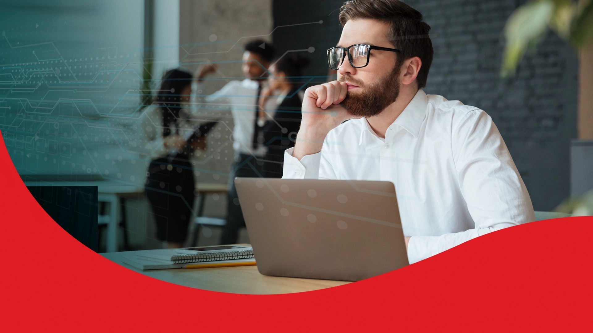 Thoughtful man in glasses and white shirt on laptop in an office with a tech overlay and red graphic.