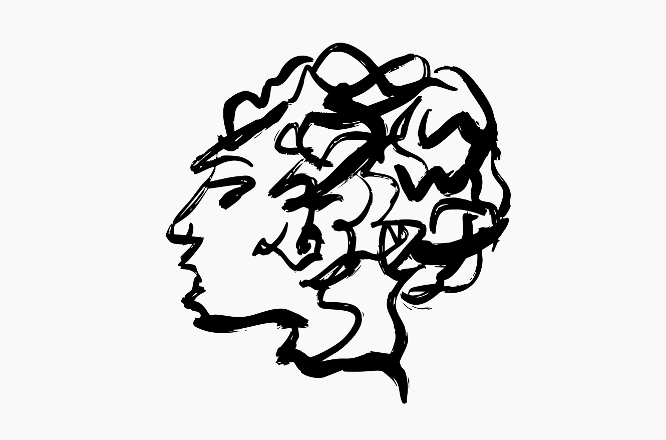 Black brushstroke profile of a head with abstract, curly hair.