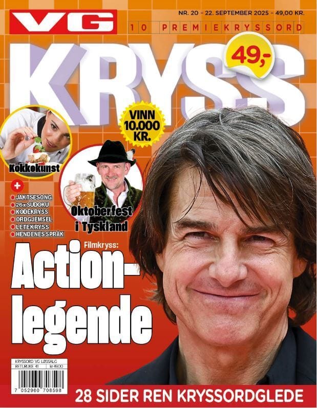 VG Kryss magazine cover: Tom Cruise smiles, "Action-legende" text, plus cooking and Oktoberfest images.