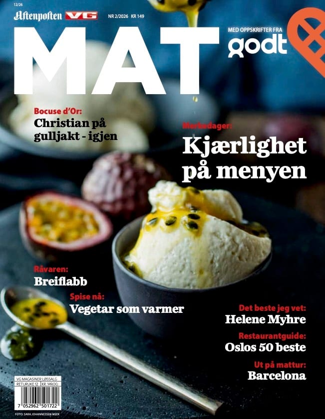 Food magazine cover with a passion fruit dessert, spoon, and halved fruit.