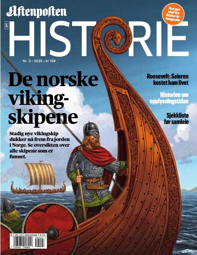 Magazine cover with Viking ship, warrior, and text about Norwegian Viking ships.