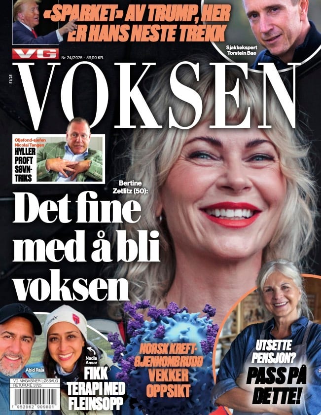A Norwegian magazine cover, "Voksen," featuring Bertine Zetlitz, Donald Trump, and other news.
