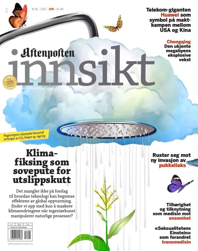 Magazine cover with "Aftenposten innsikt" title, shower-plant illustration, and headlines on climate, tech, and society.