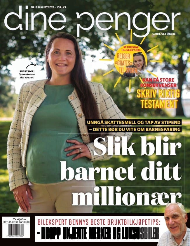 Dine Penger cover: Smiling woman, headlines on child finance, free travel, wills, and used car tips.