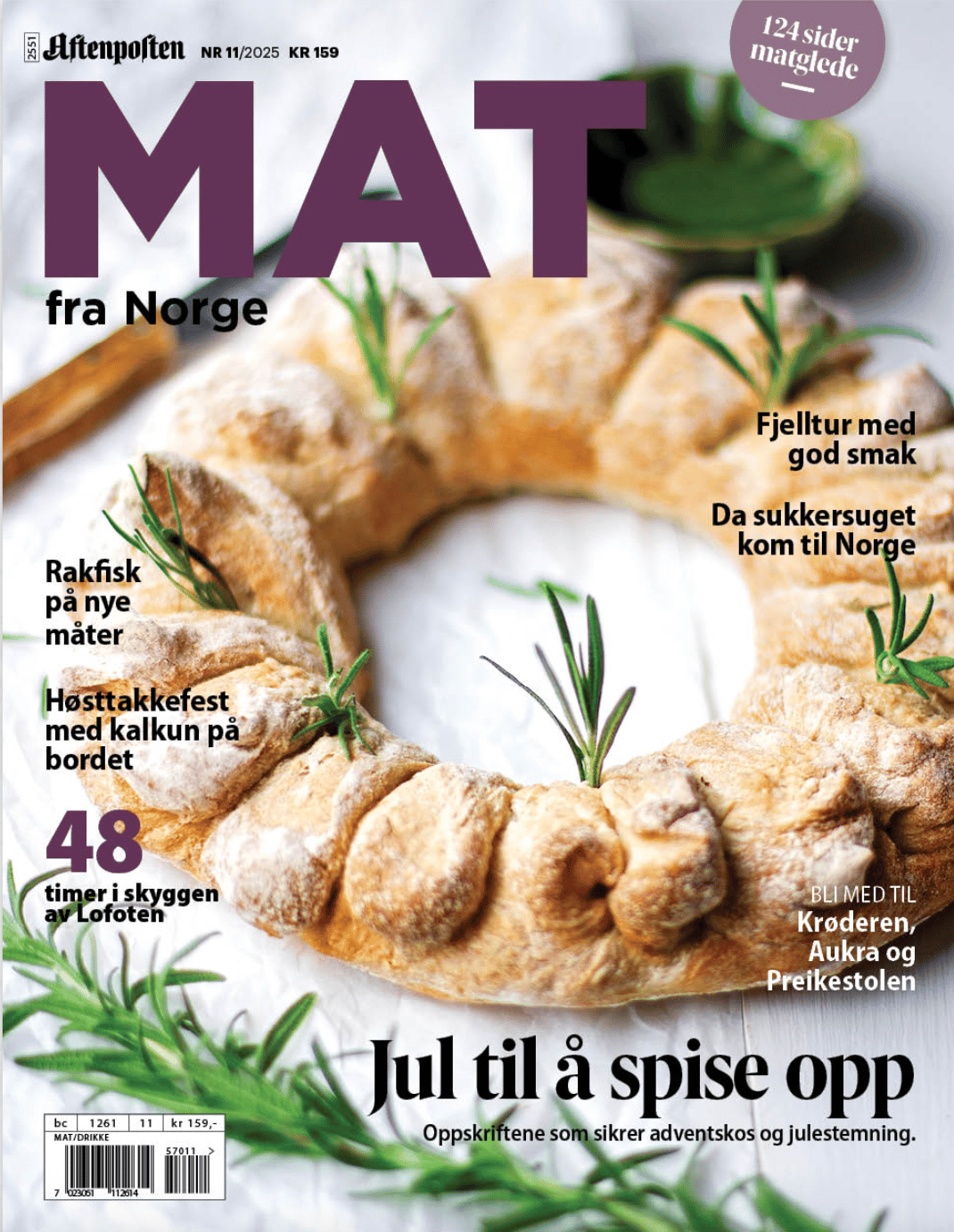 Aftenposten MAT fra Norge magazine cover: Braided bread ring with rosemary. Headline: "Jul til å spise opp".