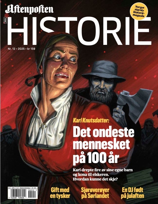 Aftenposten HISTORIE cover: Distressed woman and ax-wielding man. Headline: "Most evil person in 100 years."