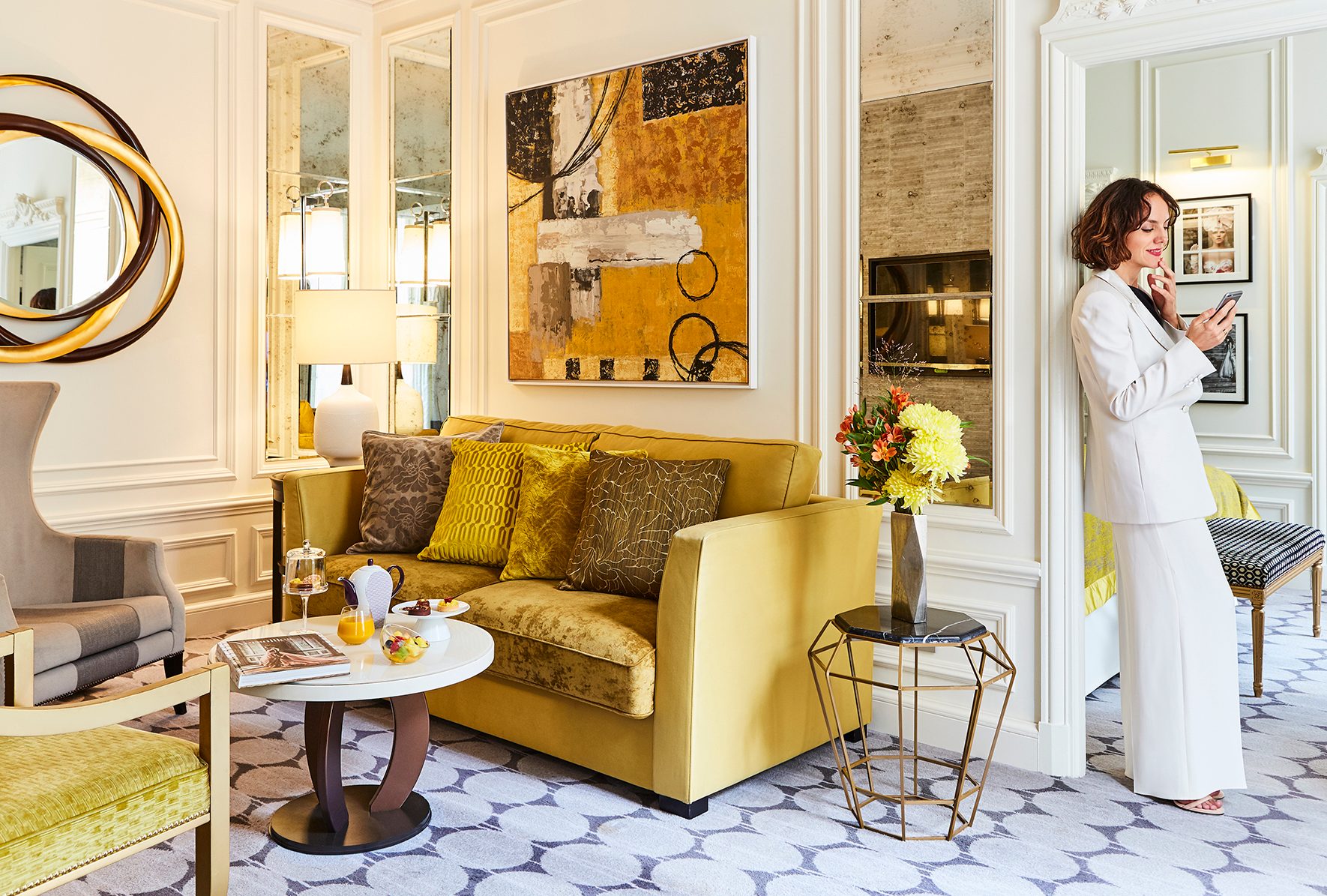 Picture frame, Interior design, Furniture, Mirror, Property, Couch, Table, Comfort, Yellow, Chair
