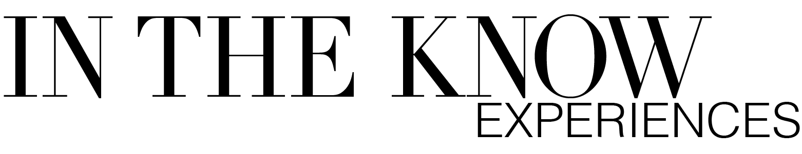 A black and white text logo reads "IN THE KNOW EXPERIENCES" with the second word "EXPERIENCES" indented.