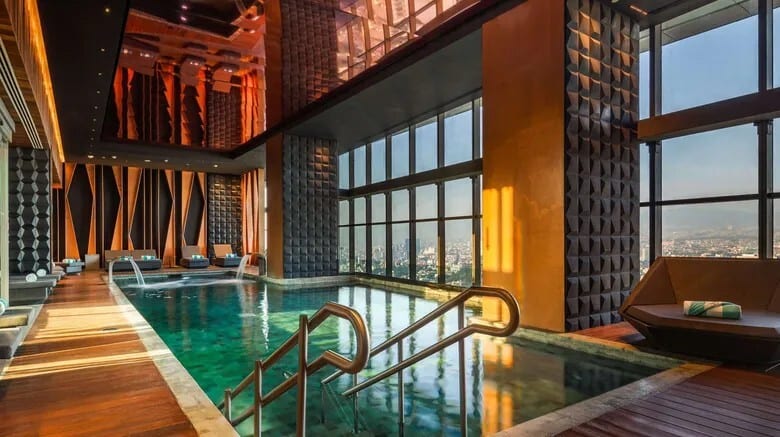 Interior design, Swimming pool, Water, Property, Wood, Building, Sky, Floor