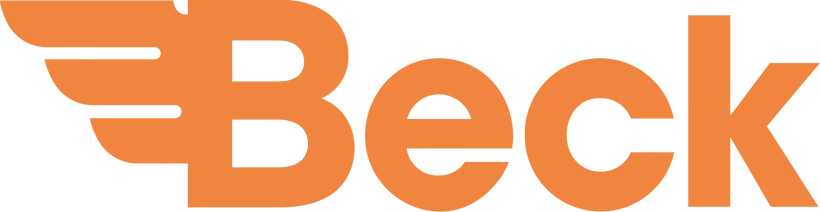 Orange 'Beck' logo with stylized wing-like elements on the left side of the 'B'.