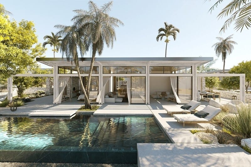 Swimming pool, Residential area, Water, Plant, Sky, Property, Tree, Building, Arecales, Landscape