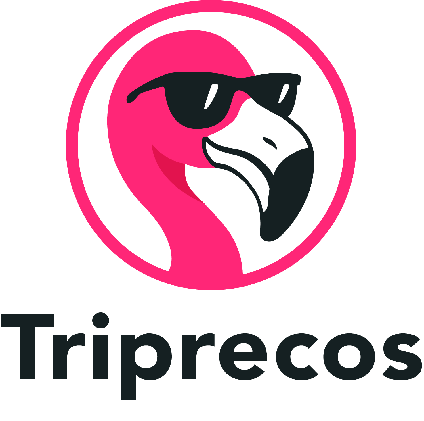 A pink flamingo head wearing sunglasses inside a circular logo, with the text "Triprecos" below.