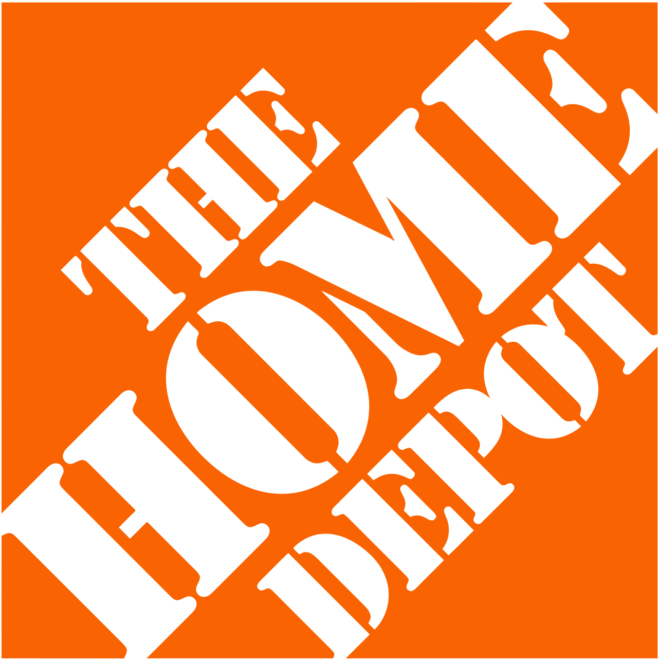 The Home Depot logo, featuring the words "THE HOME DEPOT" in white, angled upwards on an orange background.