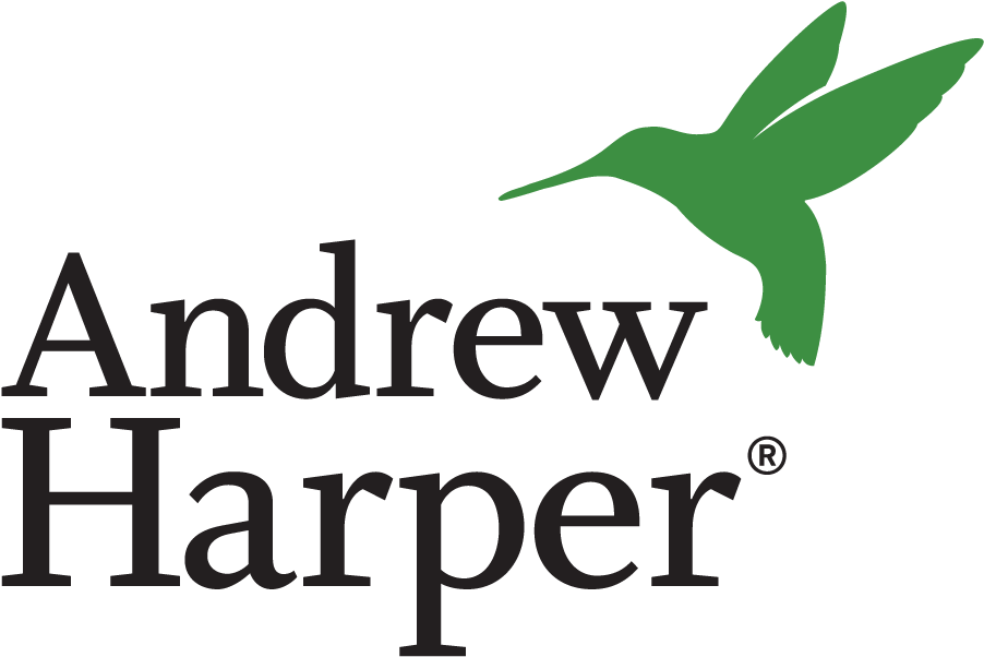 Logo for Andrew Harper, featuring the name in black serif font with a green hummingbird flying above it.