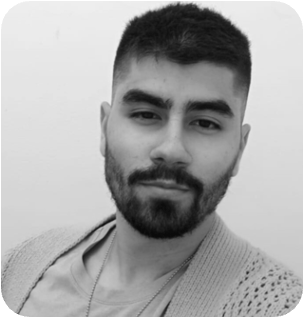 Black and white portrait of a young man with a beard and short hair looking forward.