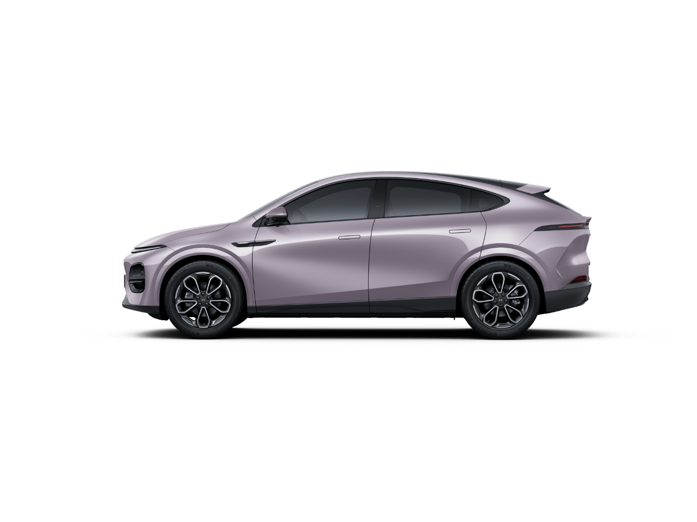 Side profile of a lavender coupe SUV with dark wheels.