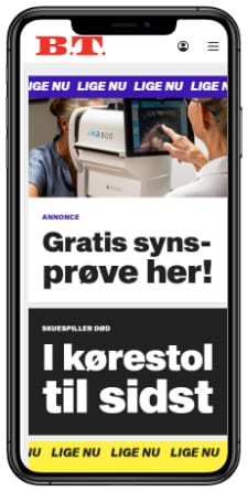 Smartphone showing a Danish news site: an ad for a free eye test and a headline about an actor's death.