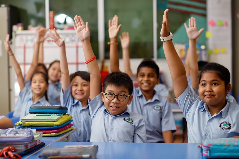 School uniform, Smile, Table, Gesture, Happy, Community, Leisure